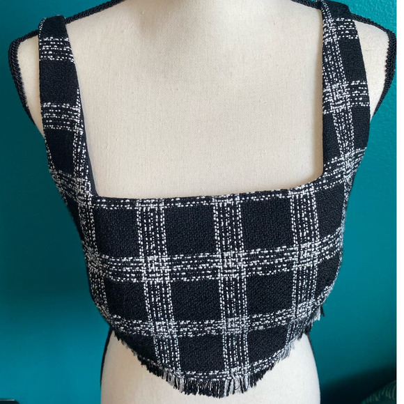 House of Harlow 1960 Plaid Tweed Crop Top Frayed Hem Large - Picture 6 of 7